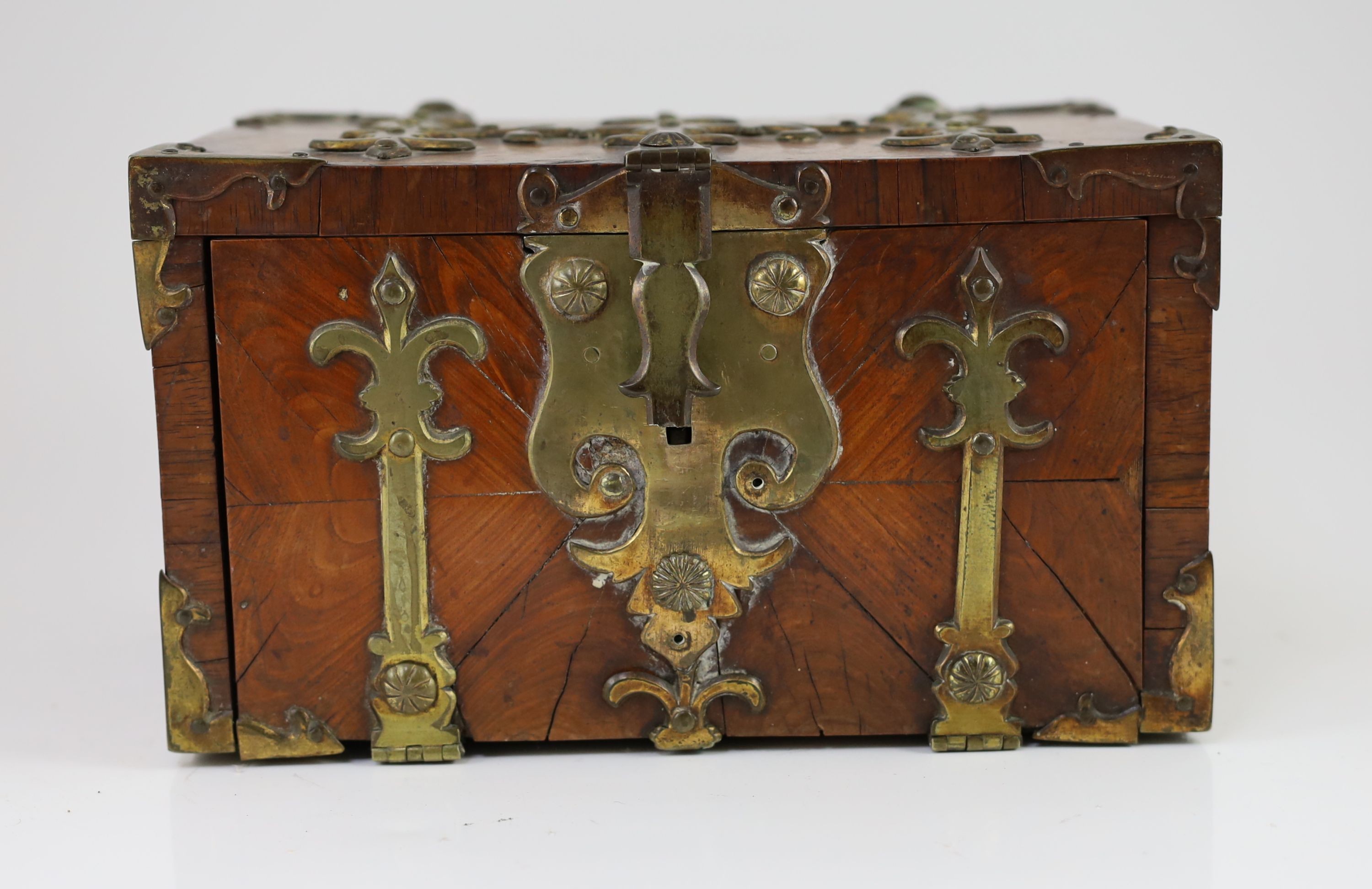 A Louis XIV kingwood and ormolu mounted strong box, c.1700, 28.5 cm wide excluding handles, clasp broken